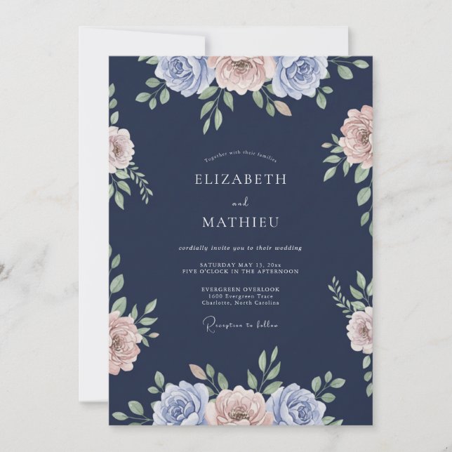 Convite Casamento de Ranunculus Eucalipto à Meia-Noite (Frente)
