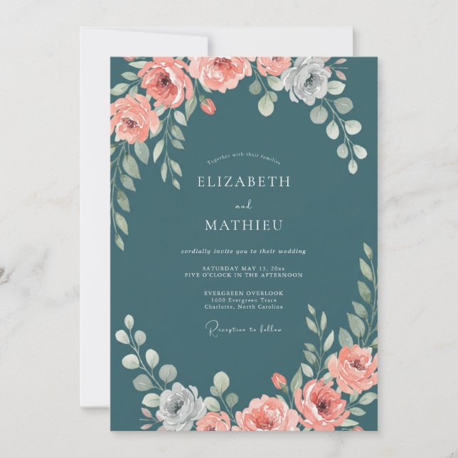 Convite Casamento de Ranunculus Eucalipto Aço Pêssego (Frente)
