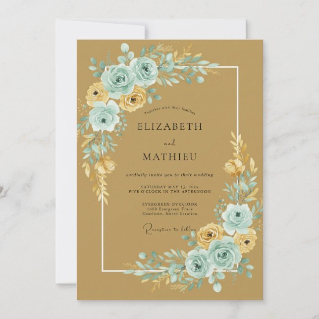 Convite Casamento de Ranunculus Eucalipto Água Dourada (Frente)