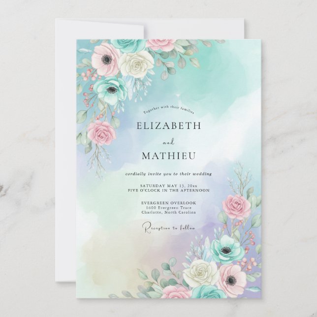 Convite Casamento de Ranunculus Eucalipto Água Pêssego (Frente)
