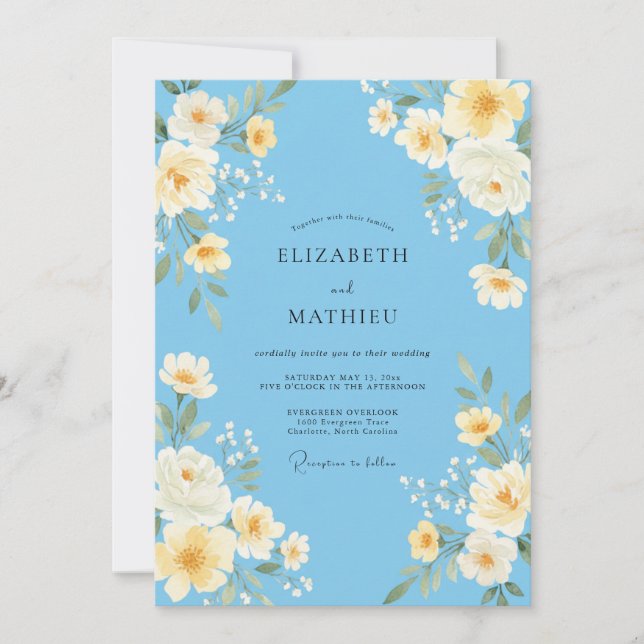Convite Casamento de Ranunculus Eucalipto Amarelo Céu (Frente)
