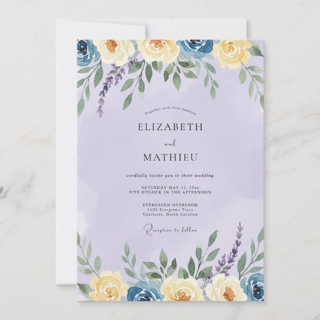 Convite Casamento de Ranunculus Eucalipto Amarelo e Violet (Frente)