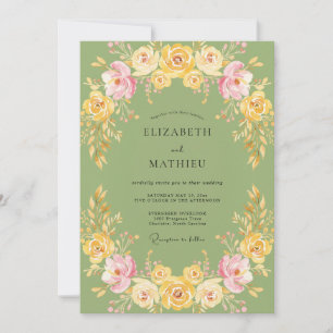 Convite Casamento de Ranunculus Eucalipto Amarelo Oliva