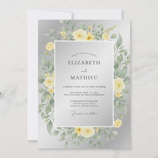 Convite Casamento de Ranunculus Eucalipto Amarelo Prata (Frente)