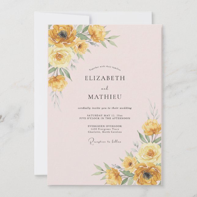 Convite Casamento de Ranunculus Eucalipto Amarelo Rosa Sua (Frente)
