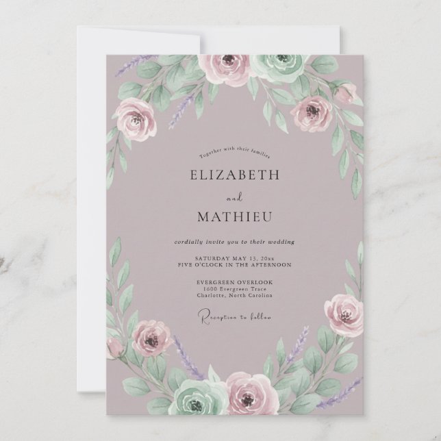Convite Casamento de Ranunculus Eucalipto Ameixa Poenta (Frente)