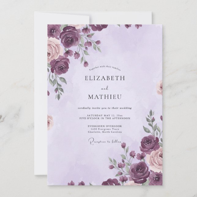 Convite Casamento de Ranunculus Eucalipto Ameixa Profunda (Frente)