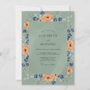 Convite Casamento de Ranunculus Eucalipto Apricot Navy