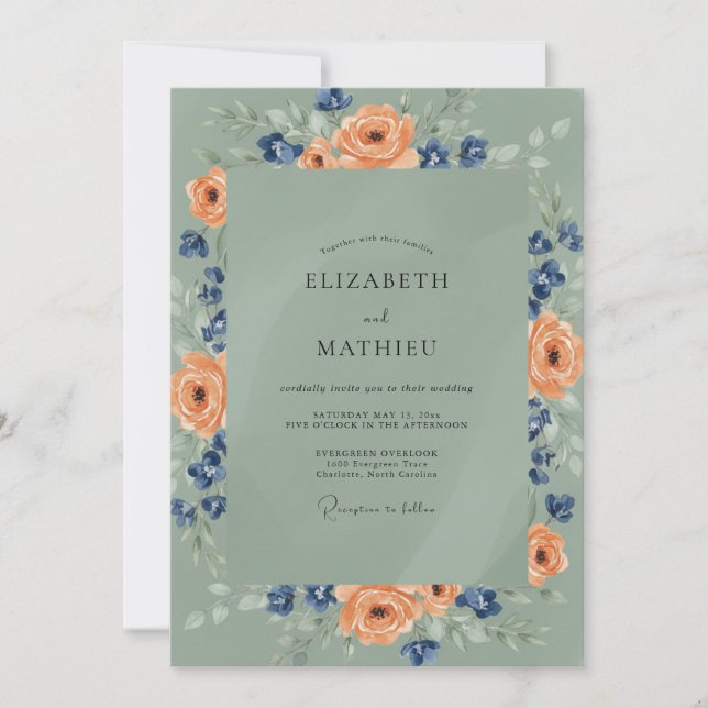 Convite Casamento de Ranunculus Eucalipto Apricot Navy (Frente)