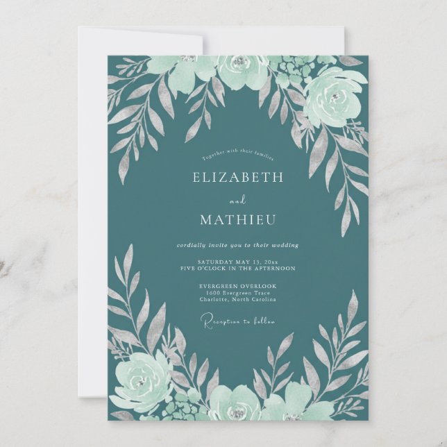 Convite Casamento de Ranunculus Eucalipto Aqua Escuro (Frente)