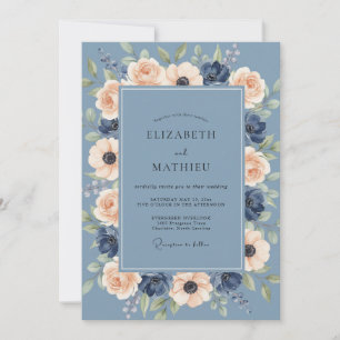 Convite Casamento de Ranunculus Eucalipto Azul Aço Marinho