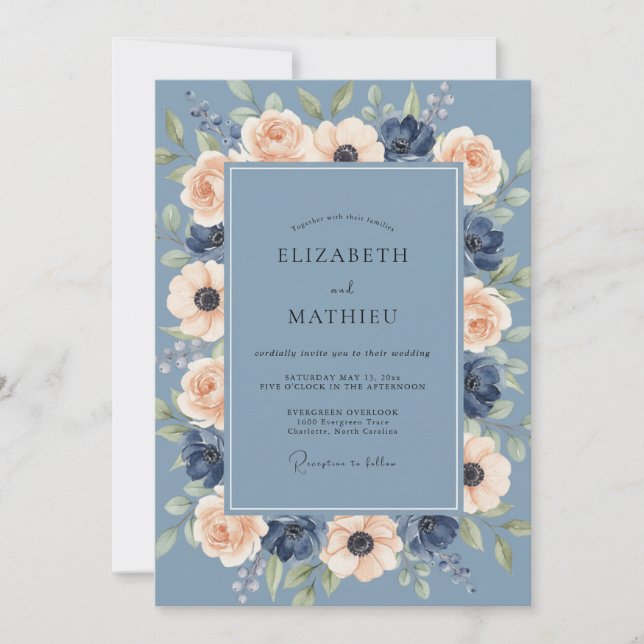 Convite Casamento de Ranunculus Eucalipto Azul Aço Marinho (Frente)