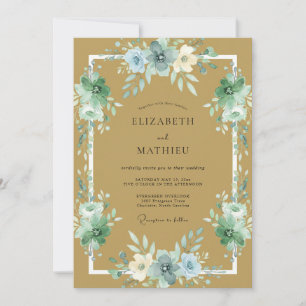 Convite Casamento de Ranunculus Eucalipto Azul Dourado