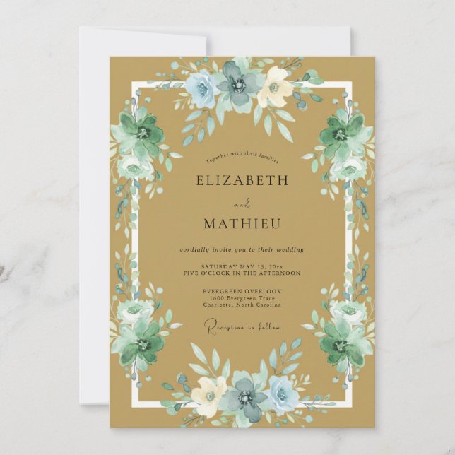 Convite Casamento de Ranunculus Eucalipto Azul Dourado (Frente)
