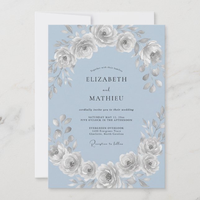 Convite Casamento de Ranunculus Eucalipto Azul Geado (Frente)