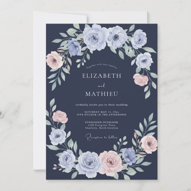Convite Casamento de Ranunculus Eucalipto Azul-Marinho Per (Frente)