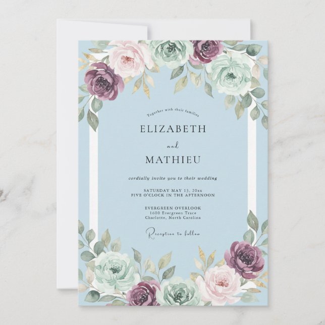 Convite Casamento de Ranunculus Eucalipto Azul Pó (Frente)