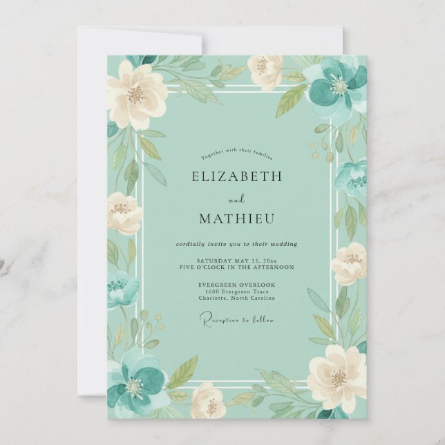 Convite Casamento de Ranunculus Eucalipto Azul Turquesa Me (Frente)