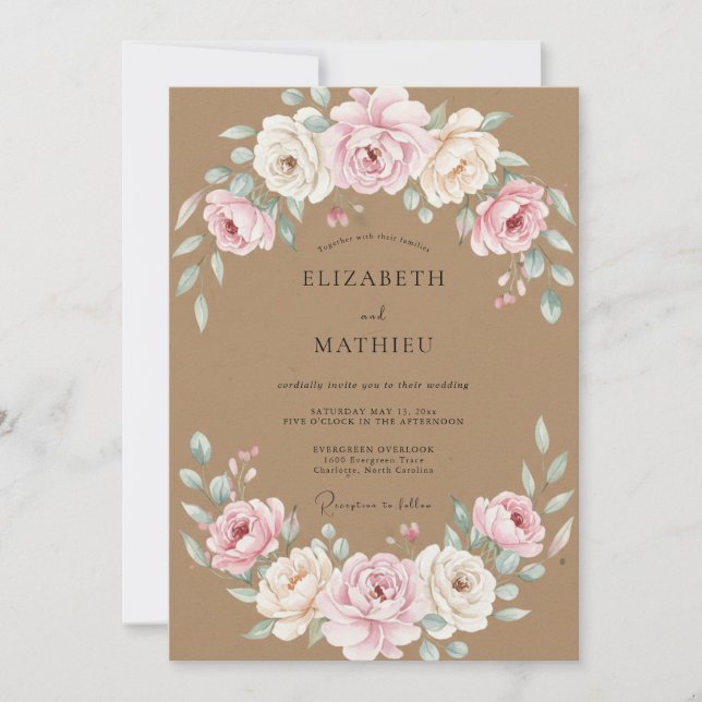Convite Casamento de Ranunculus Eucalipto Bege (Frente)