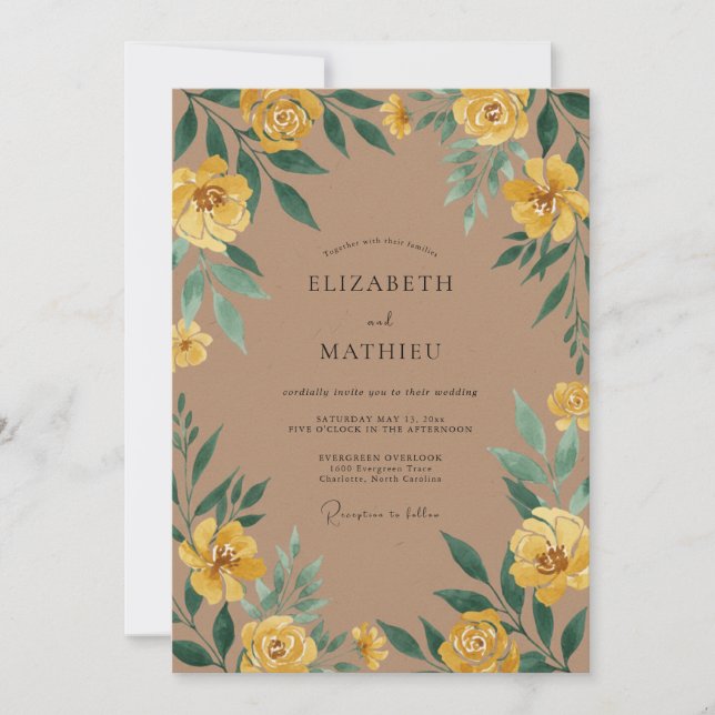 Convite Casamento de Ranunculus Eucalipto Bege Âmbar (Frente)