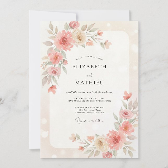 Convite Casamento de Ranunculus Eucalipto Bege Rosa (Frente)