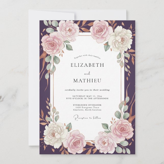 Convite Casamento de Ranunculus Eucalipto Beijo de Ameixa (Frente)