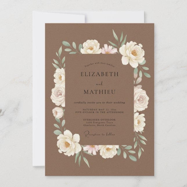 Convite Casamento de Ranunculus Eucalipto Branco Mocha (Frente)