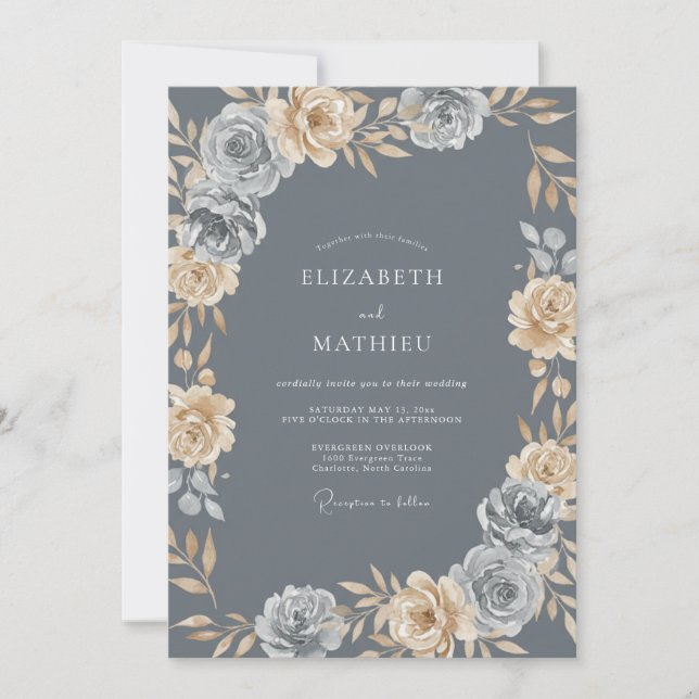 Convite Casamento de Ranunculus Eucalipto Champanhe Slate (Frente)