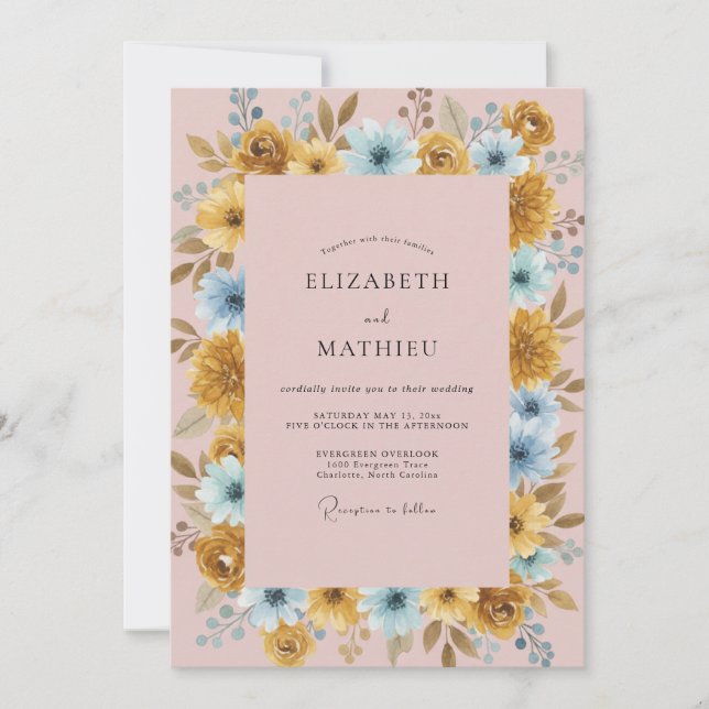 Convite Casamento de Ranunculus Eucalipto Ciano Dourado (Frente)