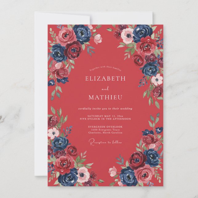 Convite Casamento de Ranunculus Eucalipto Cobalto Carmesim (Frente)