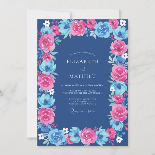 Convite Casamento de Ranunculus Eucalipto Cobalto Fúcsia (Frente)