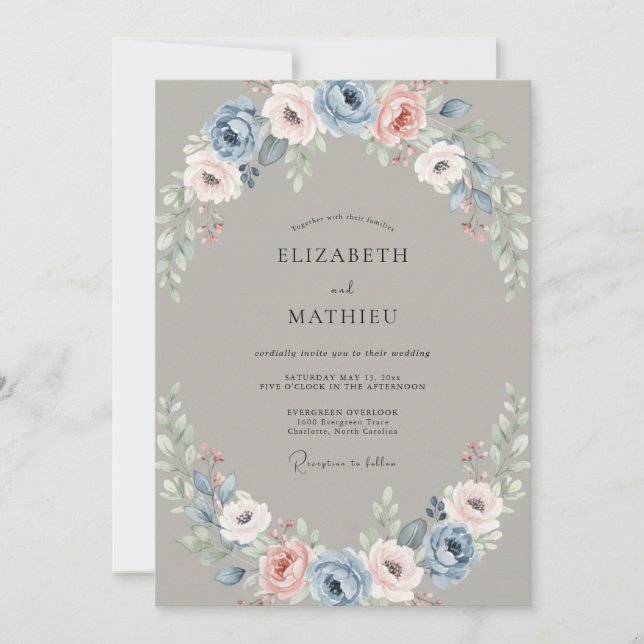 Convite Casamento de Ranunculus Eucalipto com Aço e Rubor (Frente)