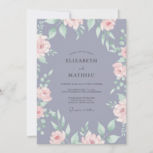 Convite Casamento de Ranunculus Eucalipto com Periwinkle E (Frente)