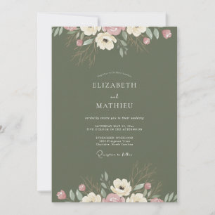 Convite Casamento de Ranunculus Eucalipto com Tom de Oliva