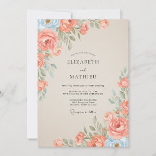 Convite Casamento de Ranunculus Eucalipto Coral Céu