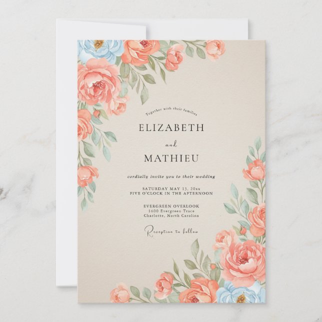 Convite Casamento de Ranunculus Eucalipto Coral Céu (Frente)