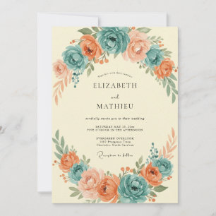 Convite Casamento de Ranunculus Eucalipto Coral Ciano