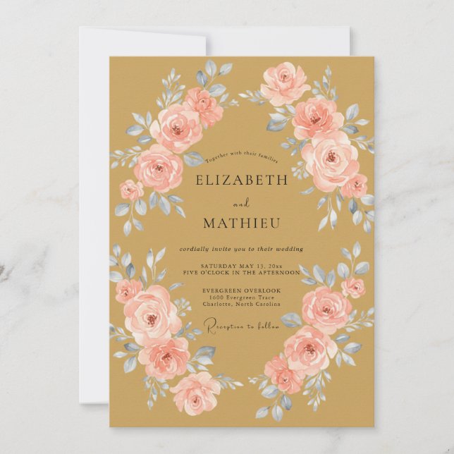 Convite Casamento de Ranunculus Eucalipto Coral Dourado (Frente)