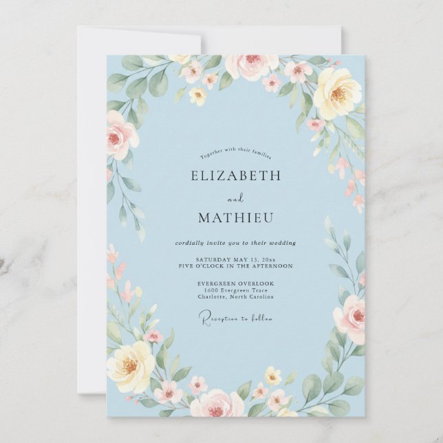 Convite Casamento de Ranunculus Eucalipto Creme Centáurea (Frente)