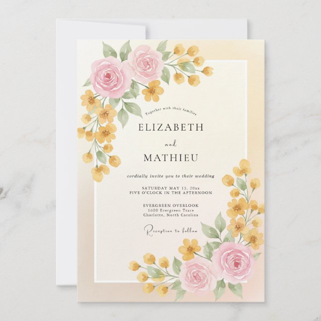 Convite Casamento de Ranunculus Eucalipto Creme Dourado (Frente)