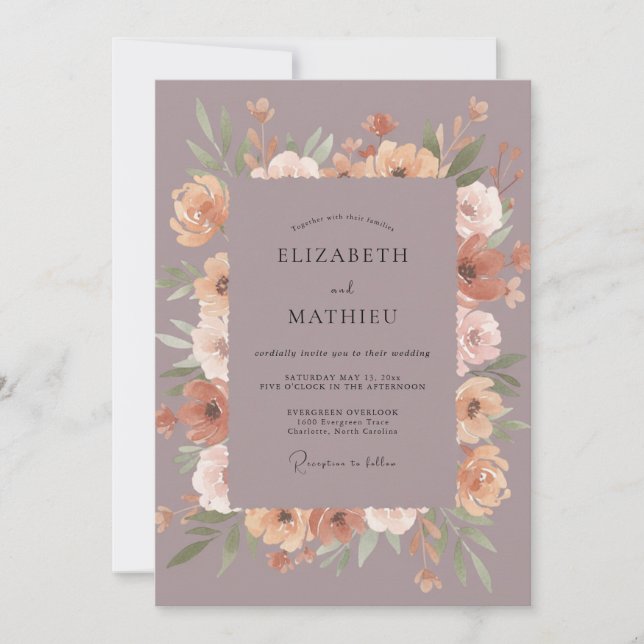 Convite Casamento de Ranunculus Eucalipto Damasco Malva (Frente)