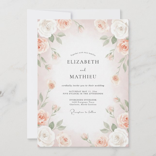 Convite Casamento de Ranunculus Eucalipto Damasco Rosado (Frente)