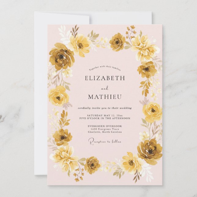 Convite Casamento de Ranunculus Eucalipto Dourado Rosado (Frente)