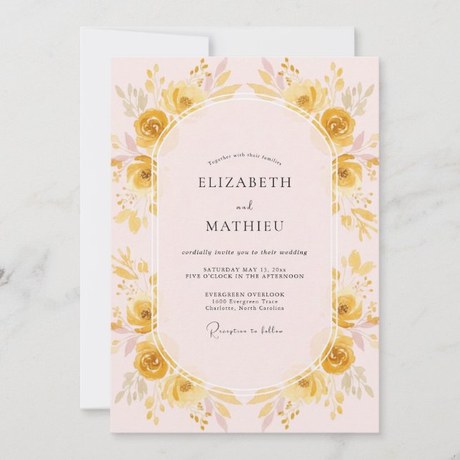 Convite Casamento de Ranunculus Eucalipto Dourado Rosado (Frente)