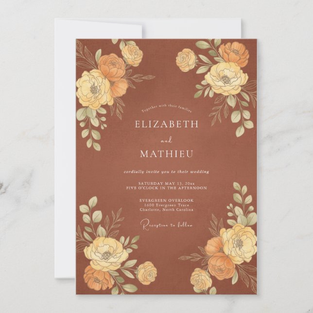 Convite Casamento de Ranunculus Eucalipto Dourado Terracot (Frente)
