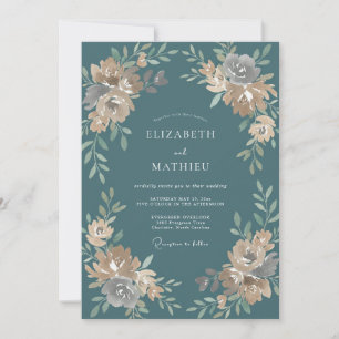 Convite Casamento de Ranunculus Eucalipto em Aço Verde-águ