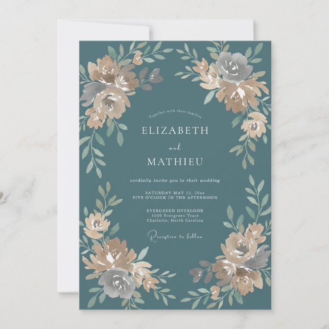 Convite Casamento de Ranunculus Eucalipto em Aço Verde-águ (Frente)