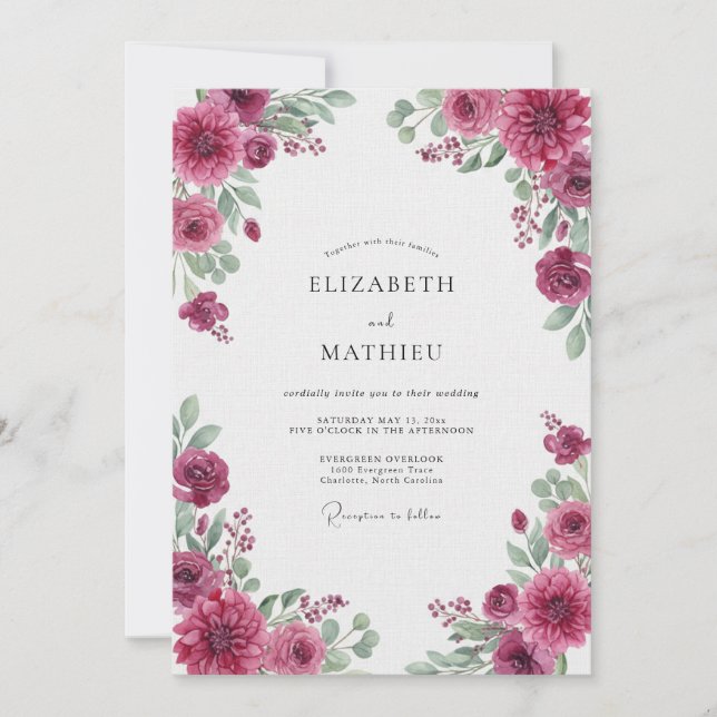Convite Casamento de Ranunculus Eucalipto Fuchsia (Frente)