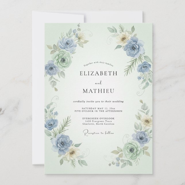 Convite Casamento de Ranunculus Eucalipto Hortelã Periwink (Frente)