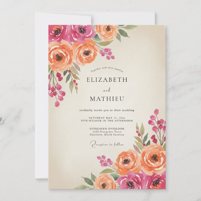 Convite Casamento de Ranunculus Eucalipto Laranja Magenta (Frente)